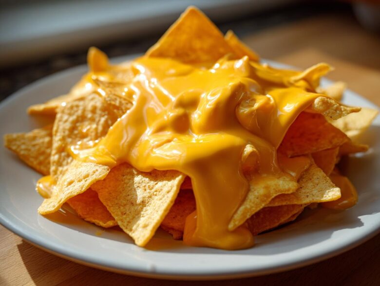 Close-up of tortilla chips smothered in thick, bright yellow homemade nacho cheese sauce.