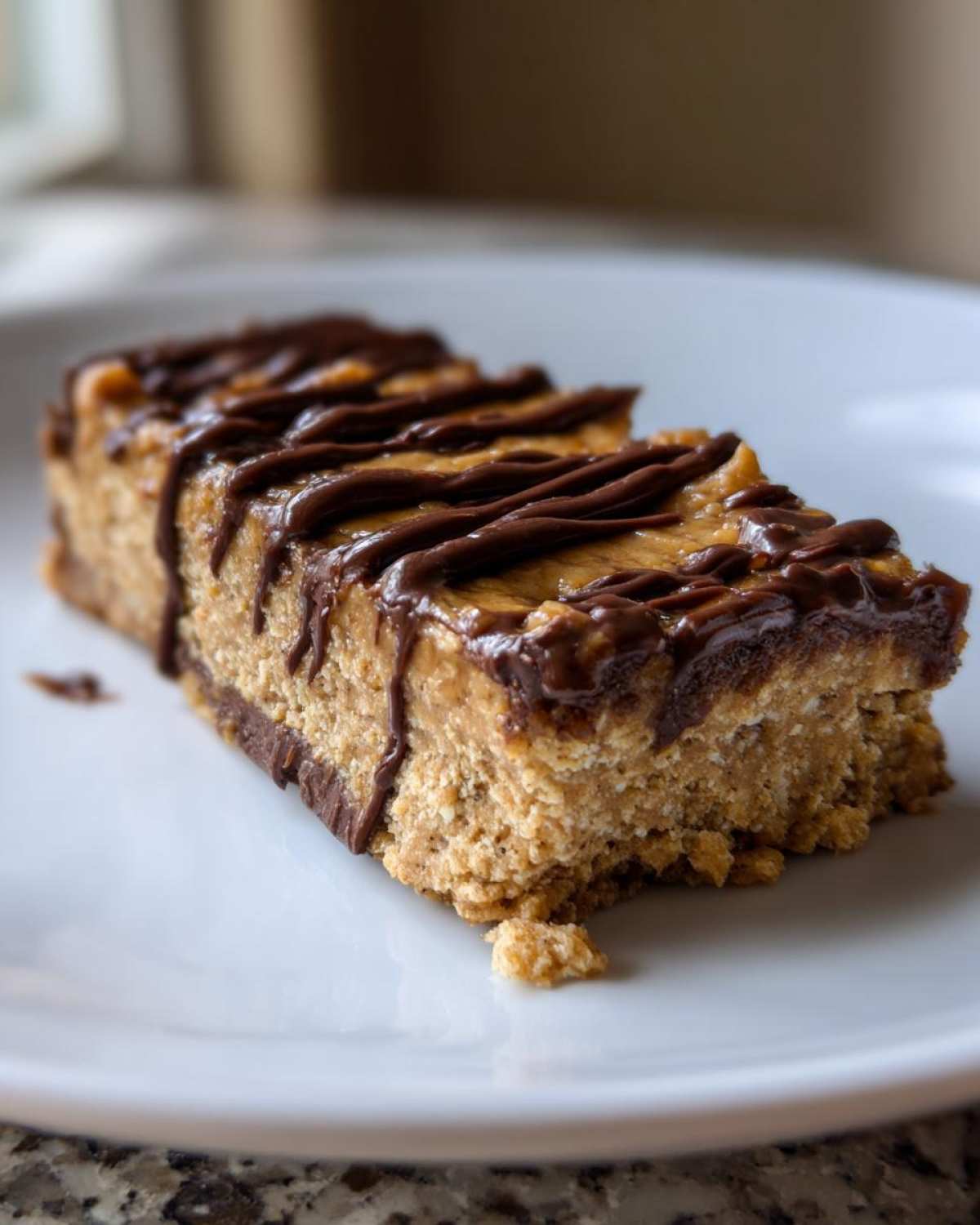 A single serving of homemade protein bars topped with a rich chocolate drizzle on a white plate.