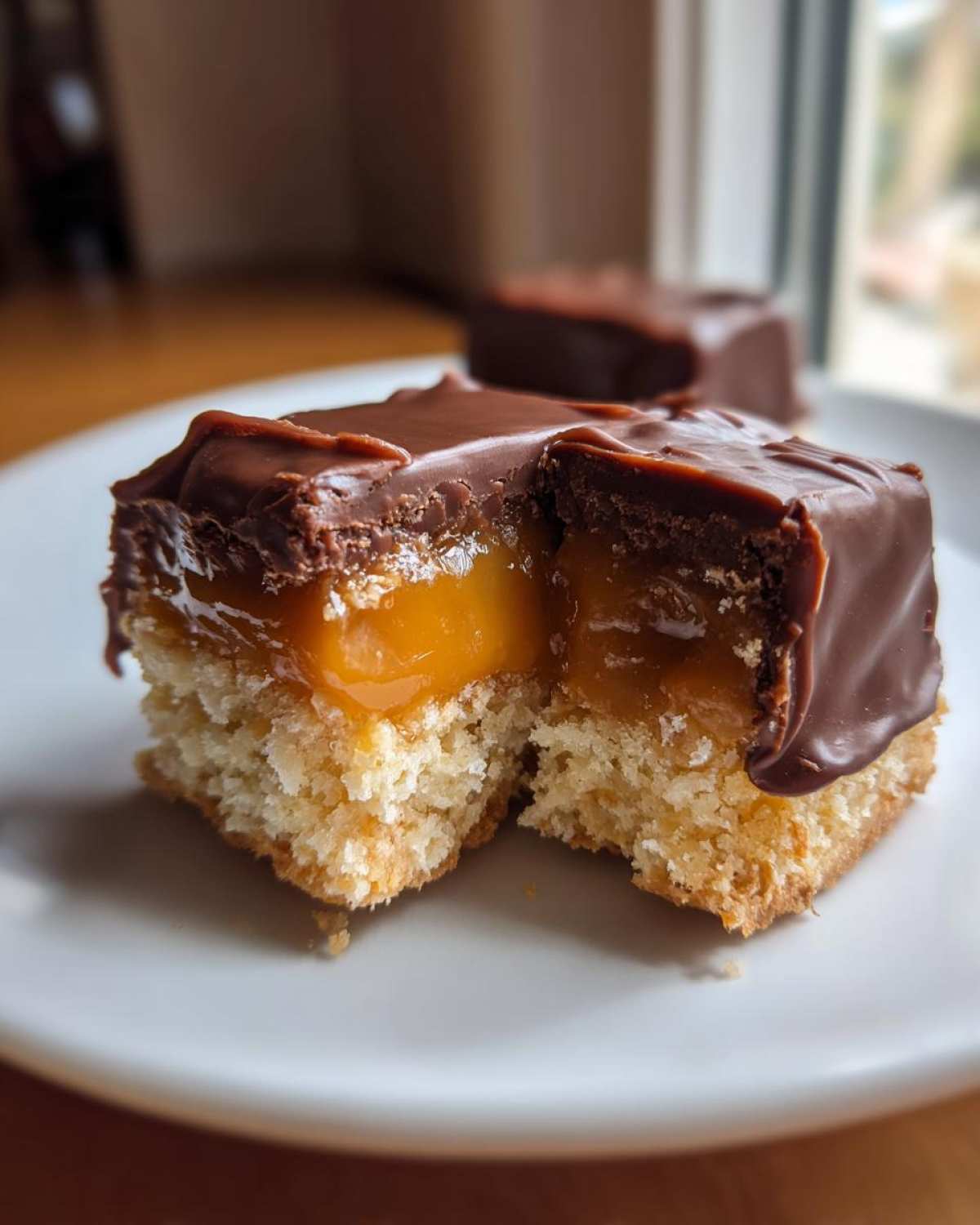 A close-up of a homemade Twix bar cut in half, showing the shortbread base, gooey caramel layer, and thick chocolate topping.