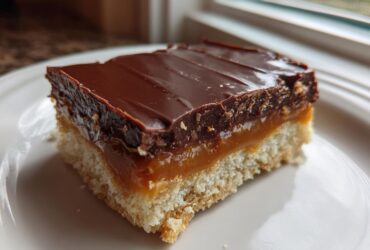 A single, thick slice of homemade Twix bar showing the shortbread base, gooey caramel layer, and chocolate topping.