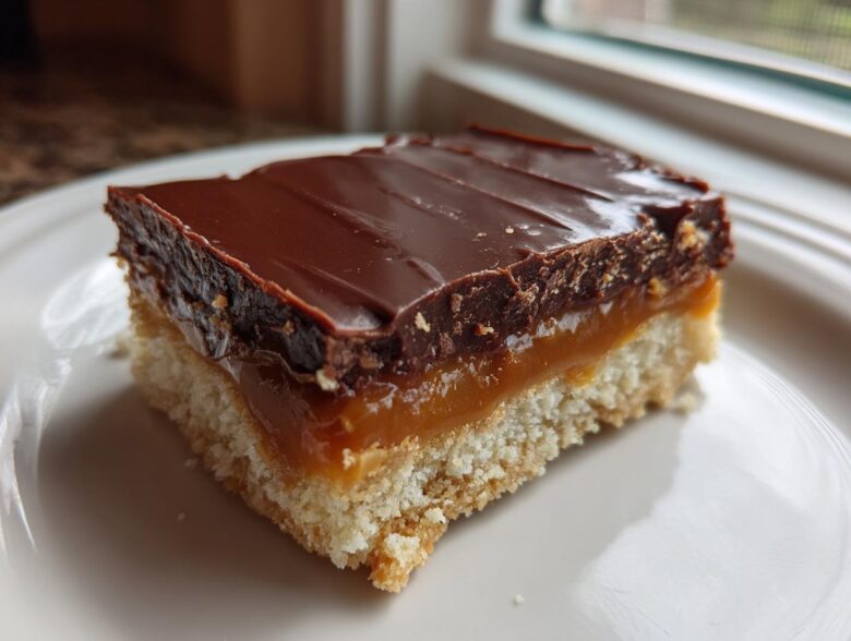 A single, thick slice of homemade Twix bar showing the shortbread base, gooey caramel layer, and chocolate topping.