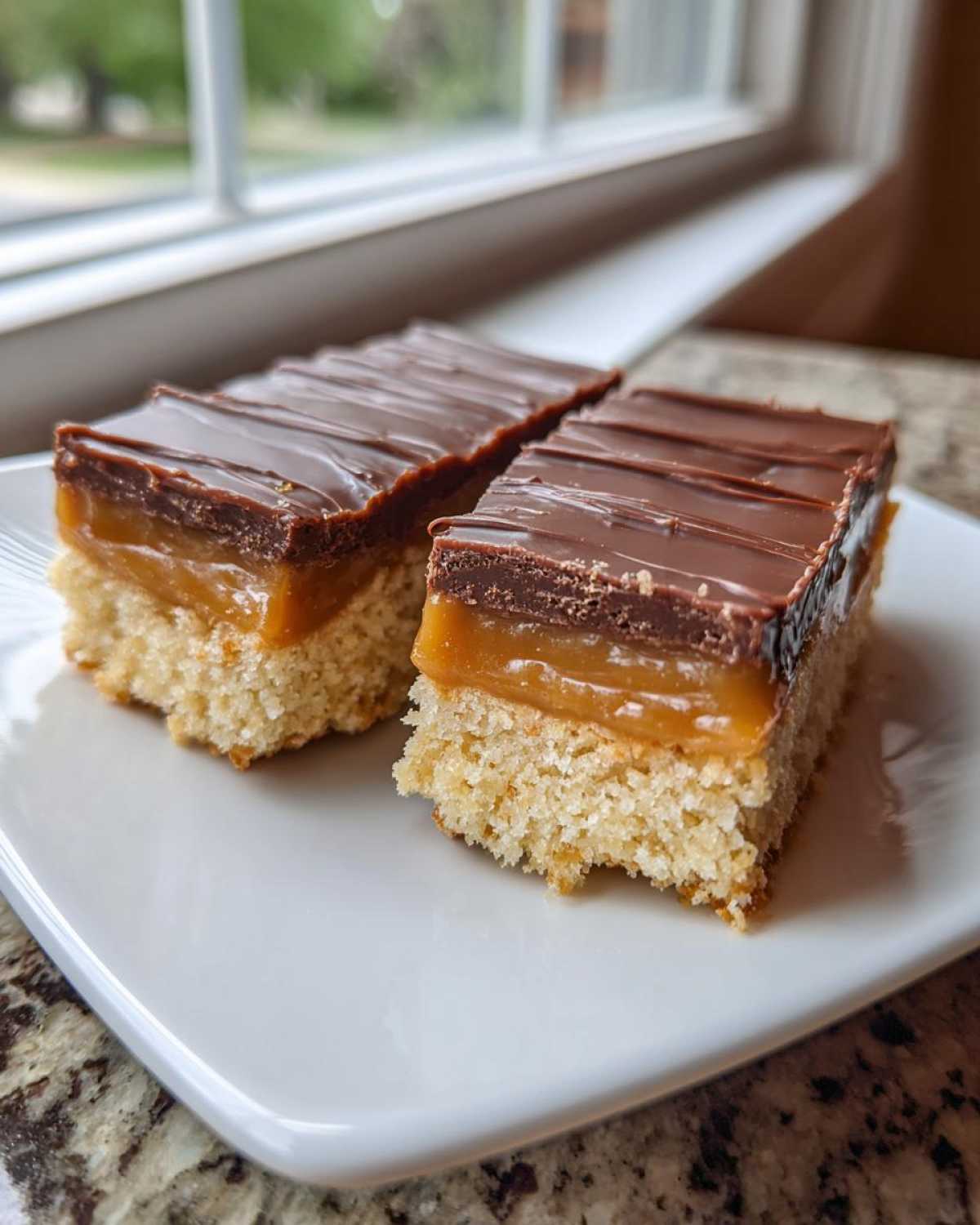 Two rectangular homemade Twix bars showing a shortbread base, thick caramel layer, and chocolate topping.