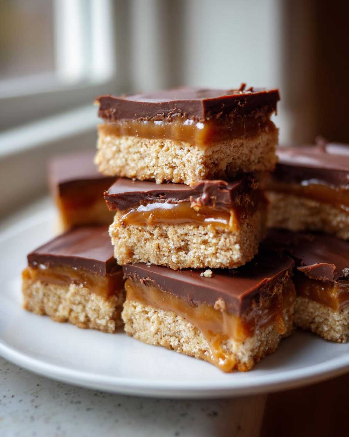 Close-up stack of homemade Twix bars showing a shortbread base, thick caramel layer, and chocolate topping.