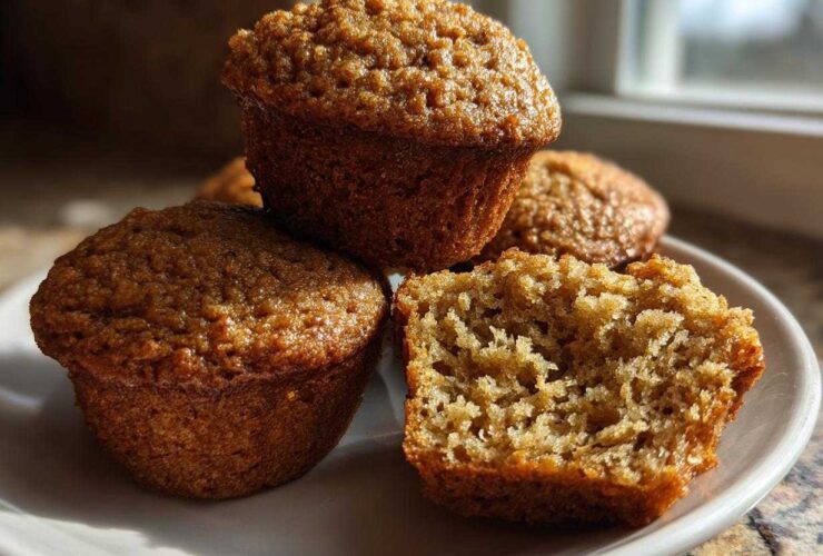 Close-up of three golden brown honey bran muffins, one cut in half showing the moist interior texture.