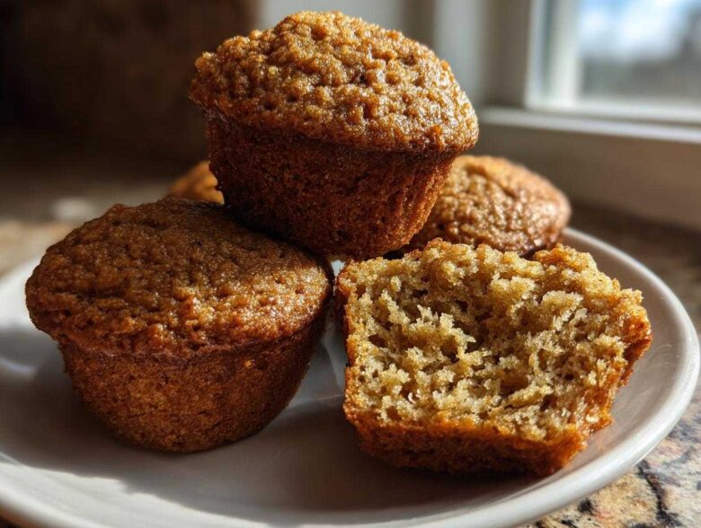 Close-up of three golden brown honey bran muffins, one cut in half showing the moist interior texture.