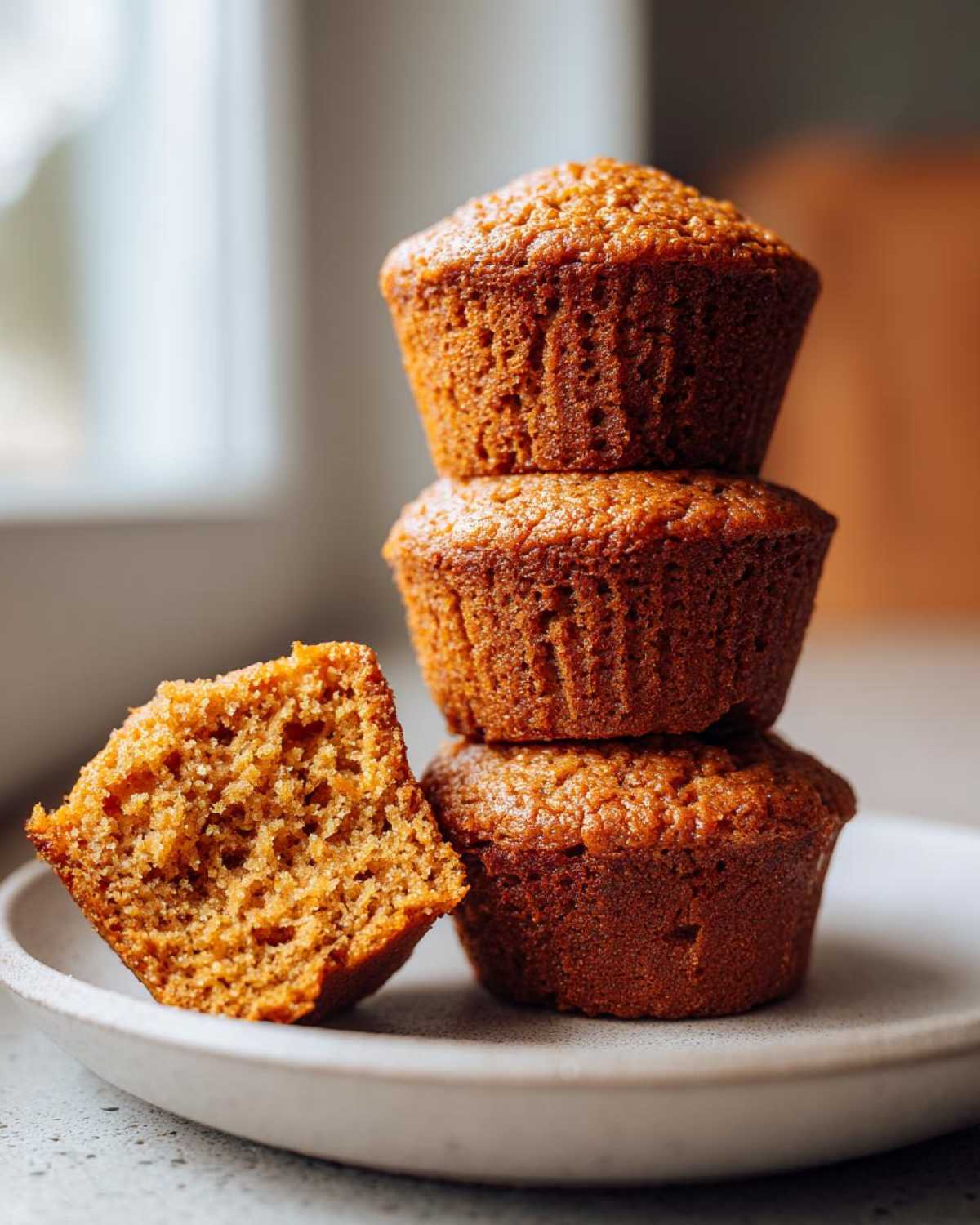 A stack of three golden-brown honey bran muffins, with one muffin cut in half showing its moist, textured interior.