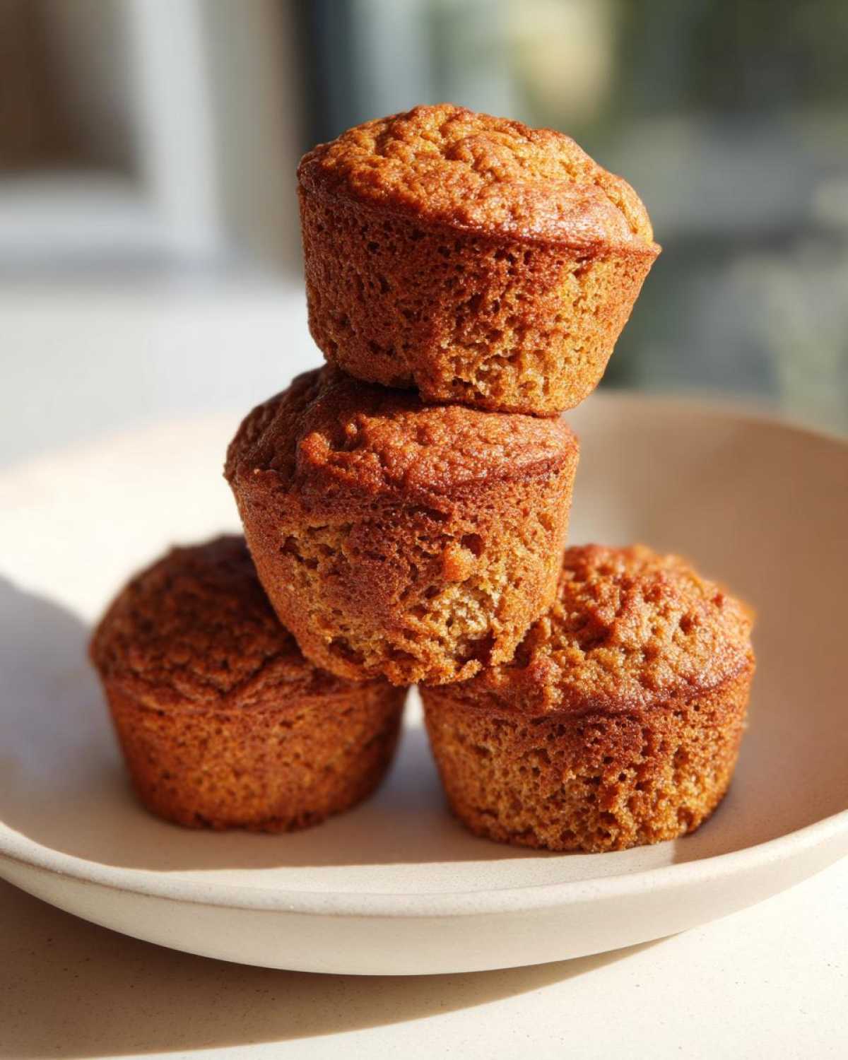 A stack of four golden brown honey bran muffins sitting on a light-colored plate.