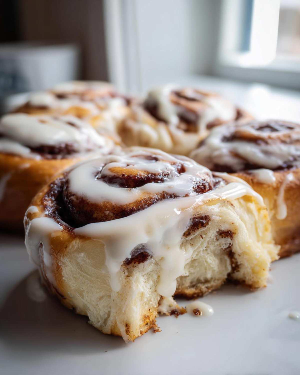 A close-up of a fluffy, iced cinnamon roll with a piece pulled away, revealing the soft interior and gooey frosting.