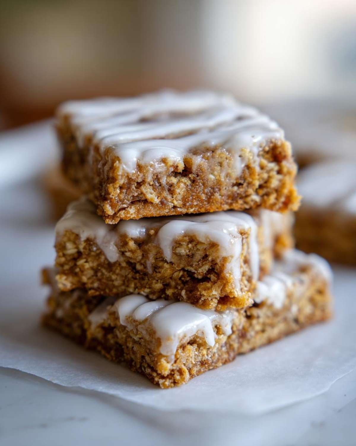 Close-up of three stacked, glazed oatmeal bars showing texture and white icing drizzle.