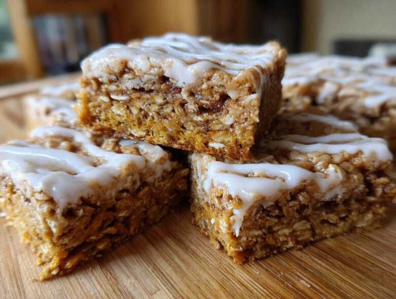 A stack of moist, square oatmeal bars topped with a thick white glaze, ready to be served.