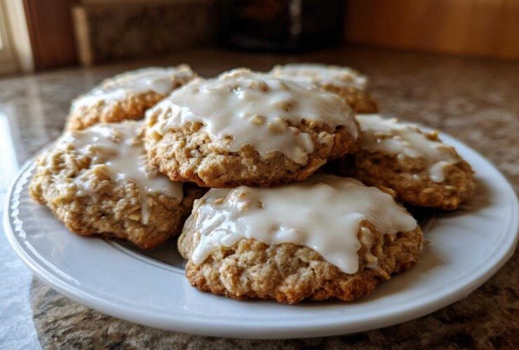 A stack of soft, freshly baked iced oatmeal cookies topped with a thick, white glaze on a white plate.
