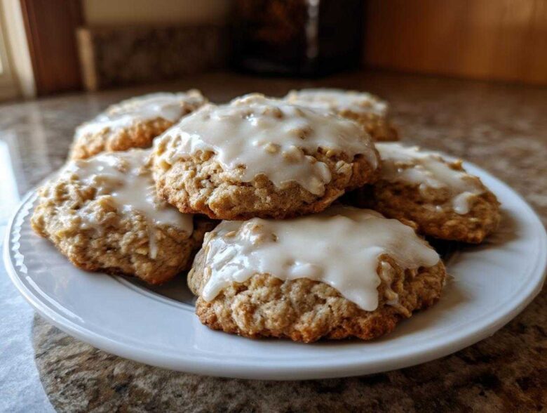 A stack of soft, freshly baked iced oatmeal cookies topped with a thick, white glaze on a white plate.