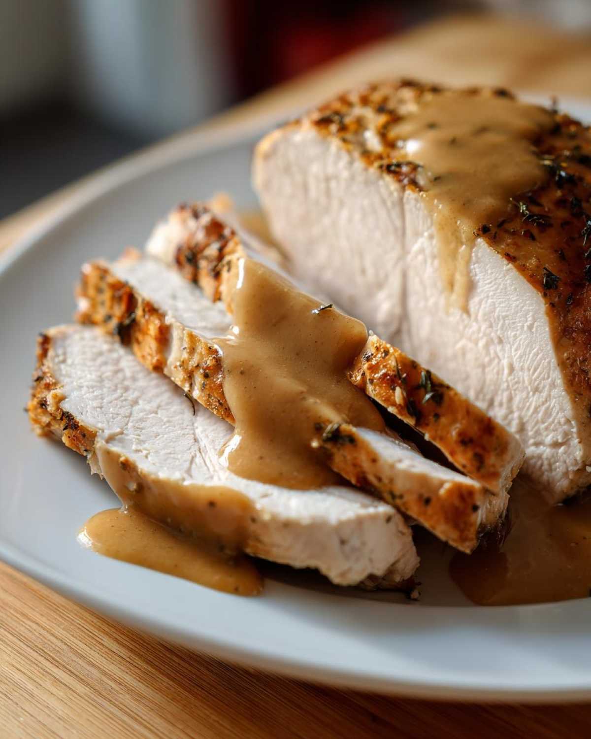 Close-up of sliced, seasoned instant pot turkey breast covered in rich brown gravy on a white plate.
