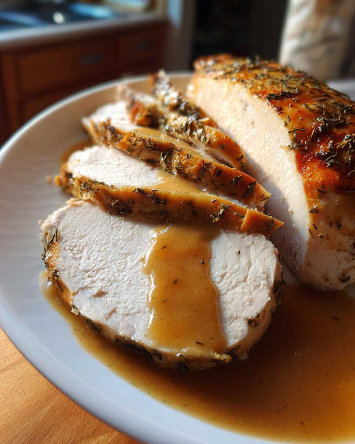 Close-up of sliced, herb-crusted instant pot turkey breast served with rich brown gravy on a white plate.