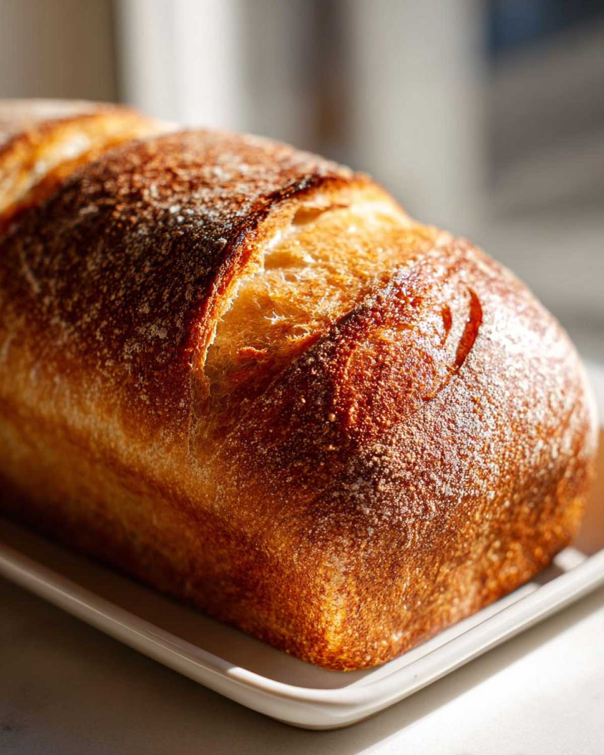 Close-up of a golden-brown, crusty loaf of Italian bread resting on a white platter.