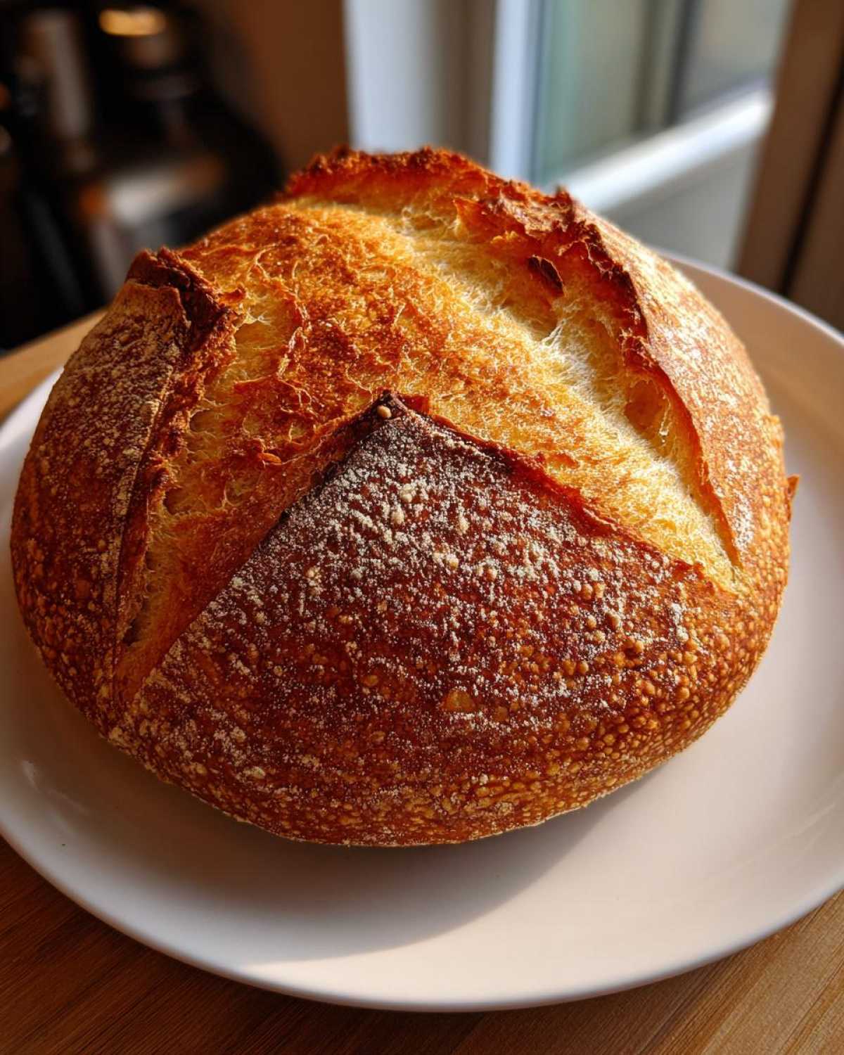 A round, deeply browned loaf of Italian bread with a beautifully scored and blistered crust, resting on a white plate.
