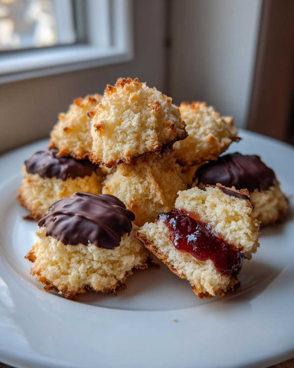 A stack of Italian butter cookies, some dipped in chocolate, with one cookie cut open showing a bright red jam filling.