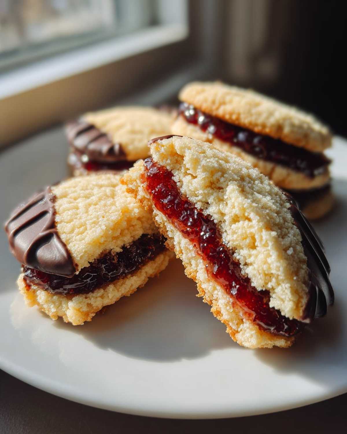 Cross-section view of a homemade Italian butter cookie sandwich filled with bright red jam and dipped in chocolate.