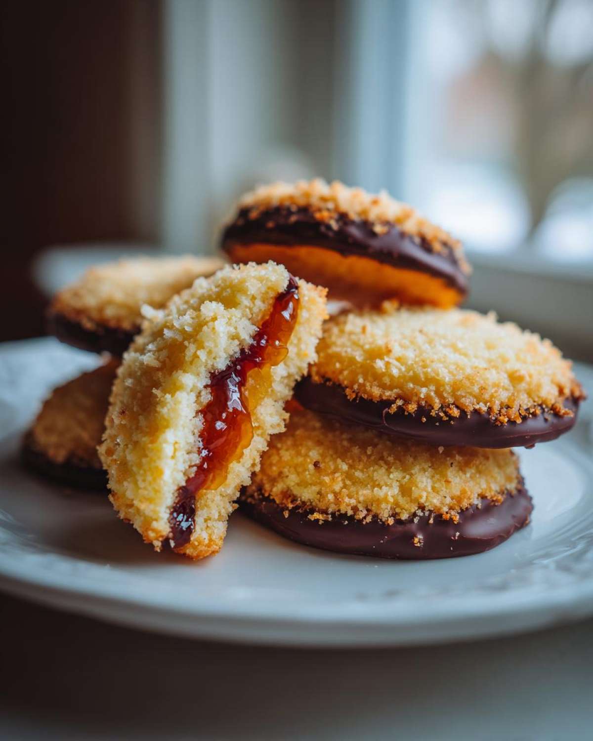 A stack of Italian butter cookies, one broken open to show jam filling, dipped in chocolate and coated with crumbs.