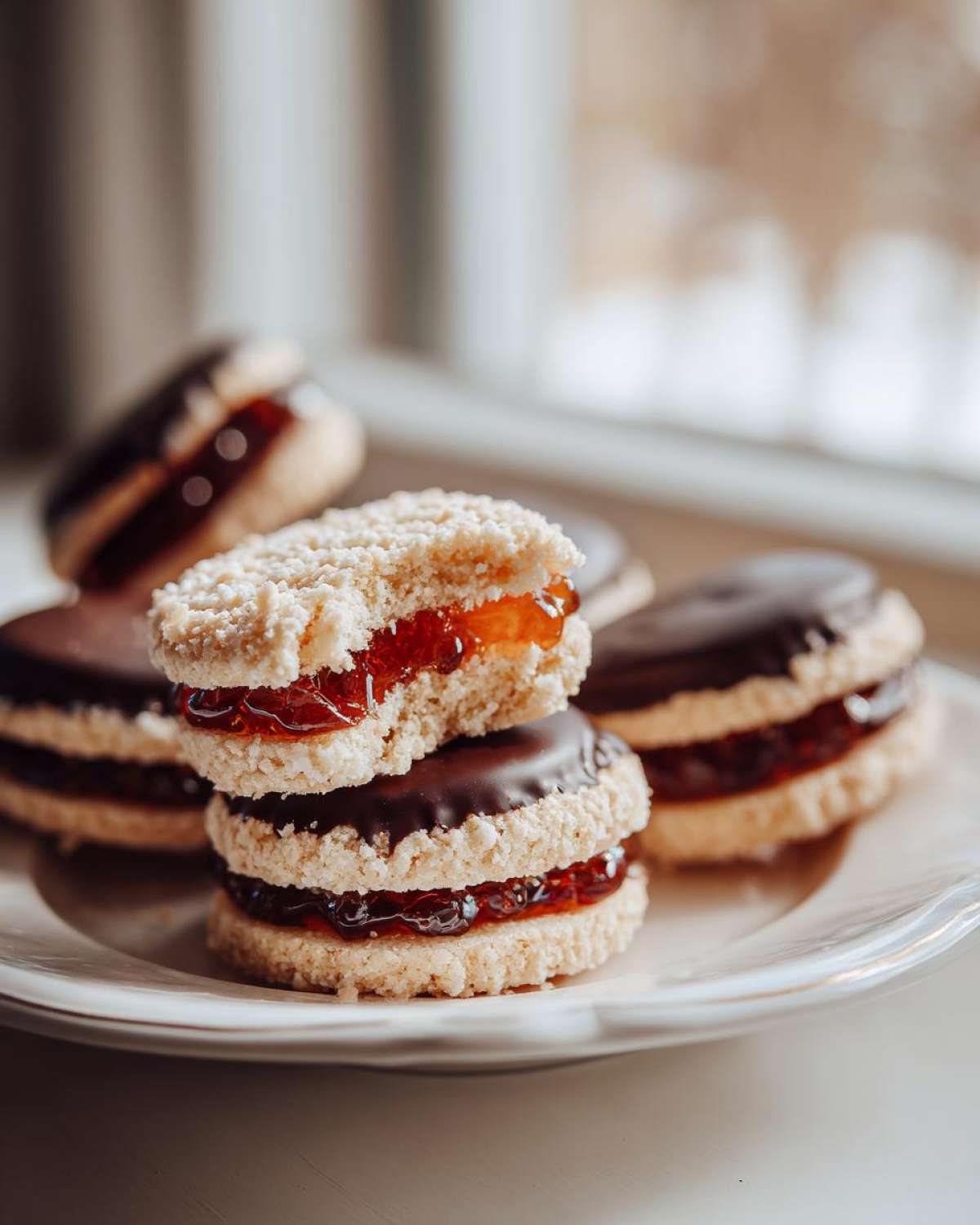 Stack of Italian butter cookies filled with bright red jam, some dipped in chocolate.