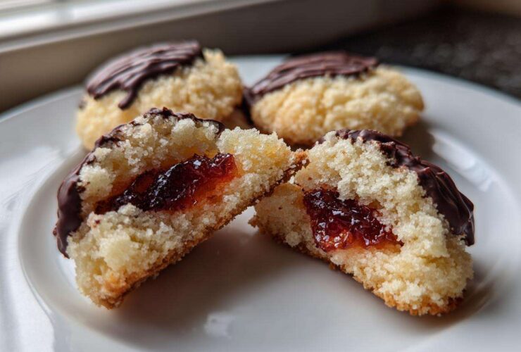Close-up of Italian butter cookies, one split open revealing a bright red jam center, dipped in dark chocolate.