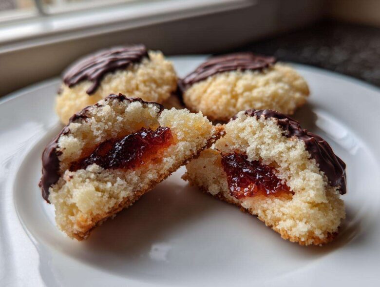 Close-up of Italian butter cookies, one split open revealing a bright red jam center, dipped in dark chocolate.