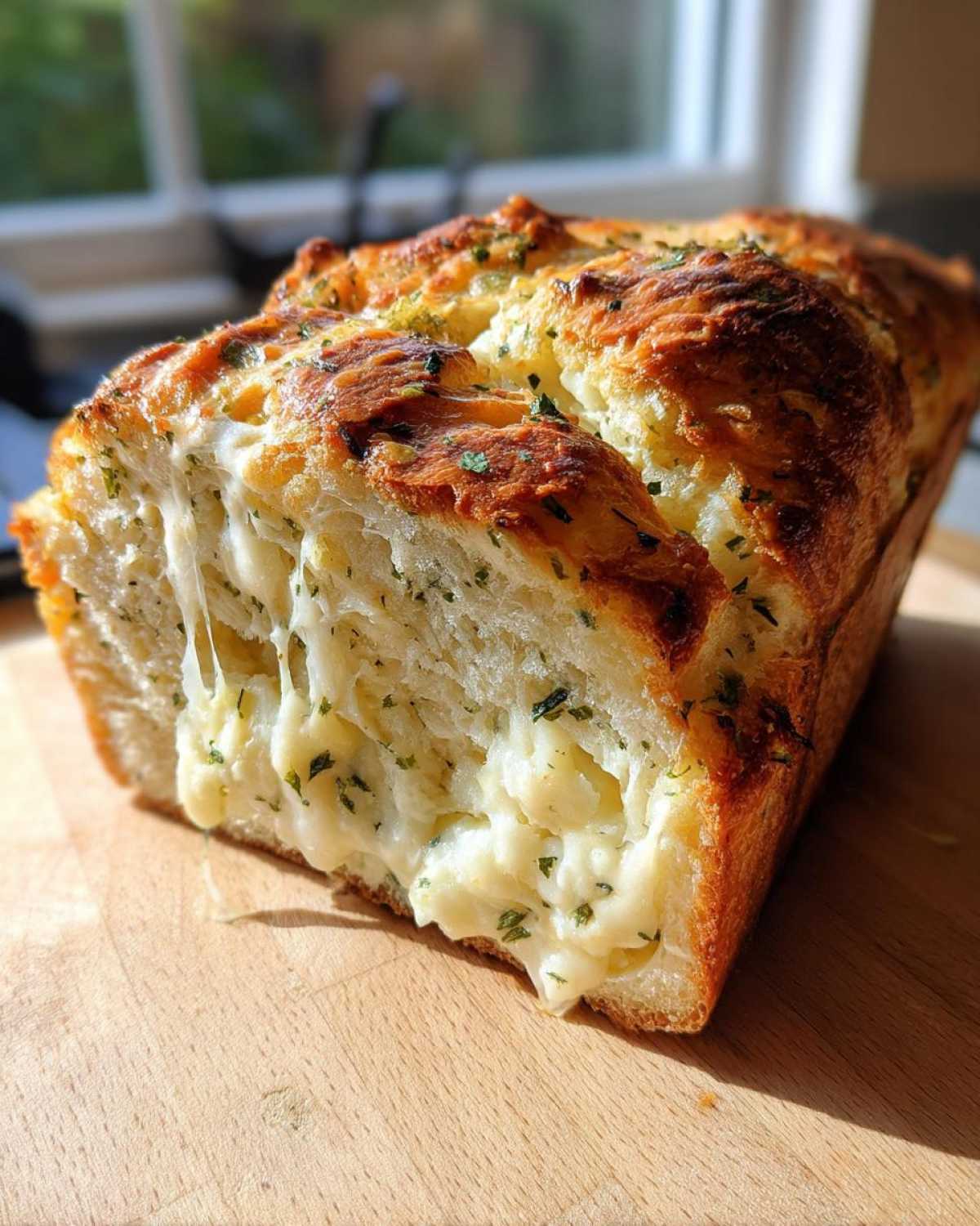 A golden loaf of Italian herb and cheese bread, sliced open to show melted, stringy cheese filling.