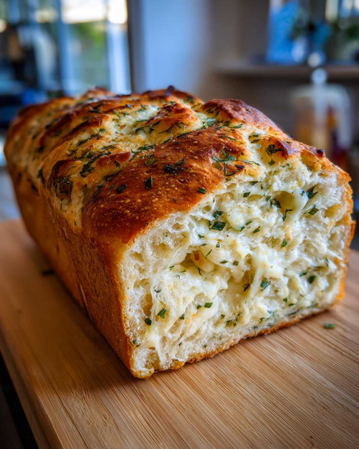 A freshly baked loaf of Italian herb and cheese bread, sliced open to show melted cheese and herbs inside.