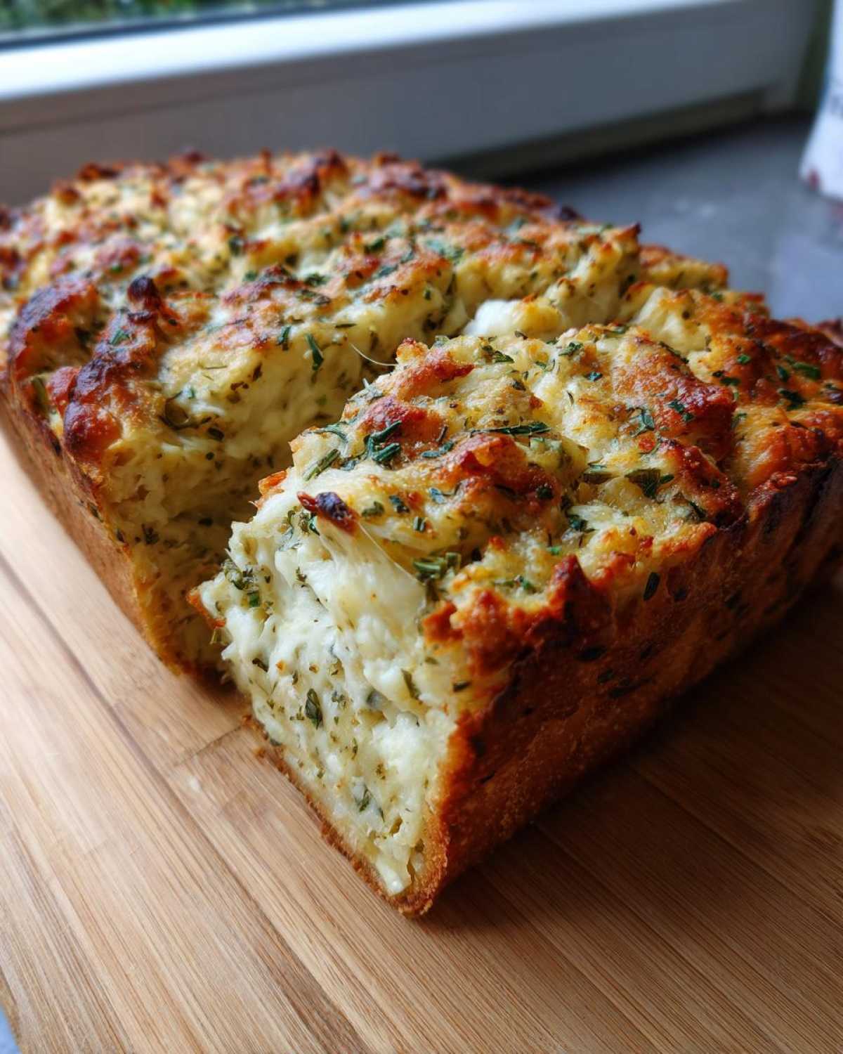 A close-up of a golden-brown Italian herb and cheese bread loaf, sliced open to show melted cheese and herbs.