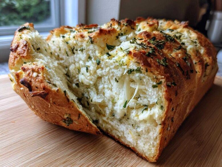A freshly baked loaf of Italian herb and cheese bread pulled apart to show melted cheese and herbs inside.