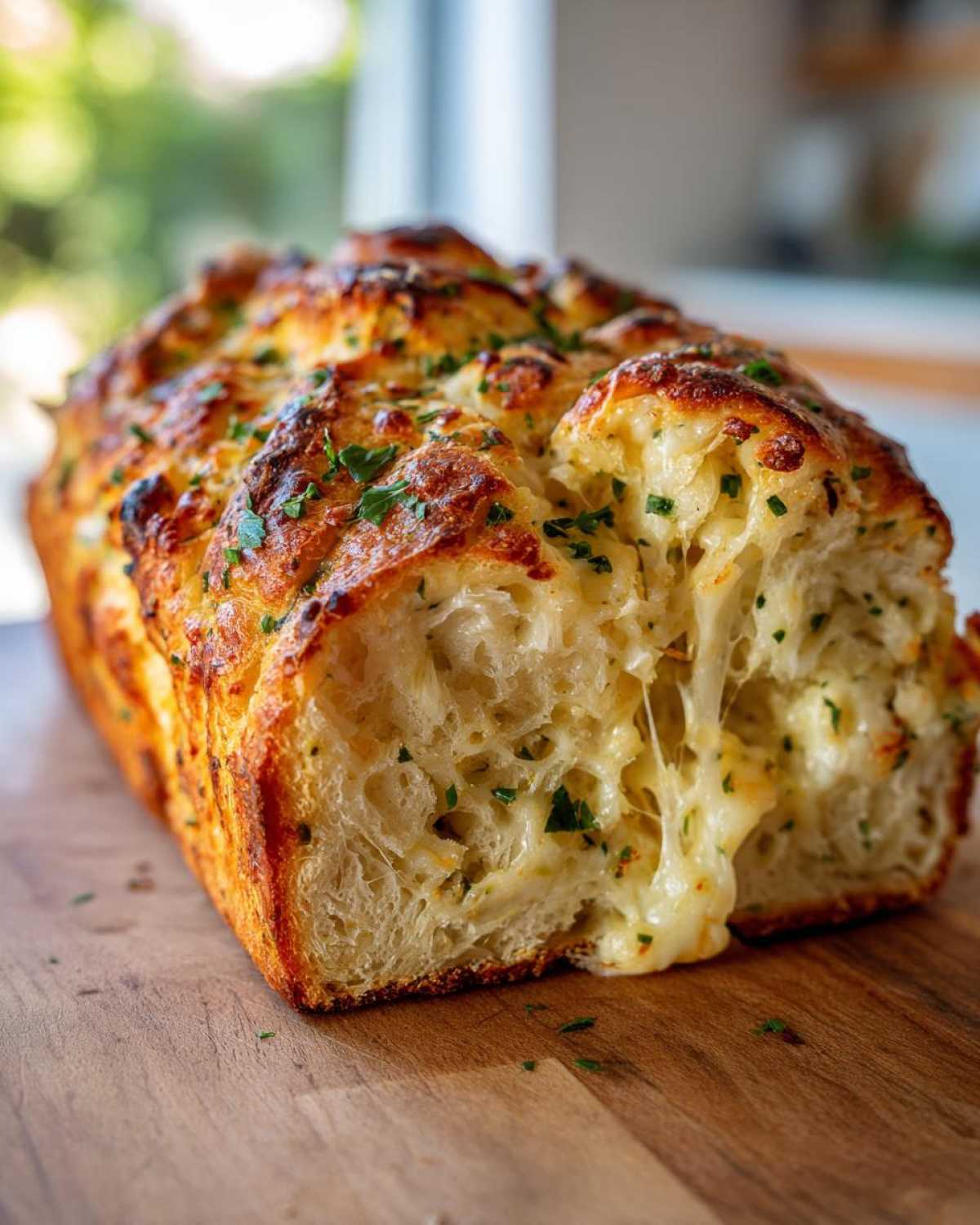 Close-up of a freshly baked Italian herb and cheese bread loaf with melted cheese stretching as a piece is pulled away.