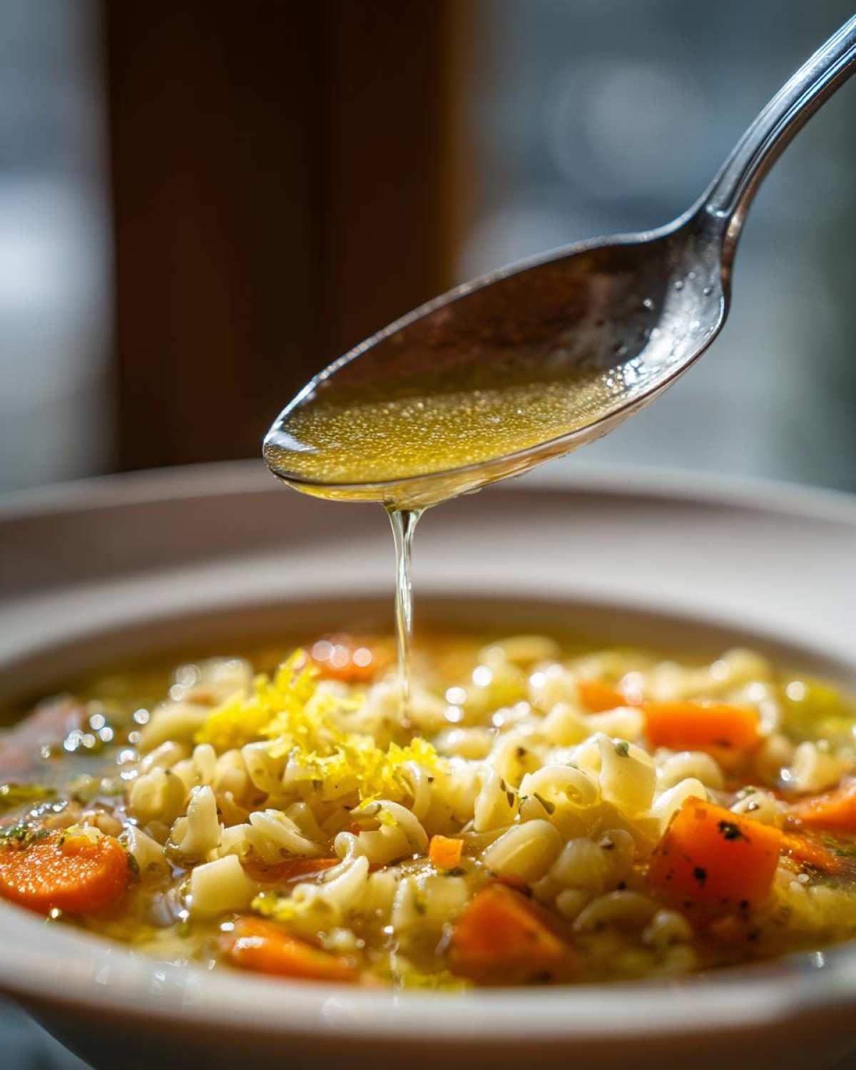 A spoonful of golden broth is drizzled over a bowl of italian penicillin soup with pasta and carrots.