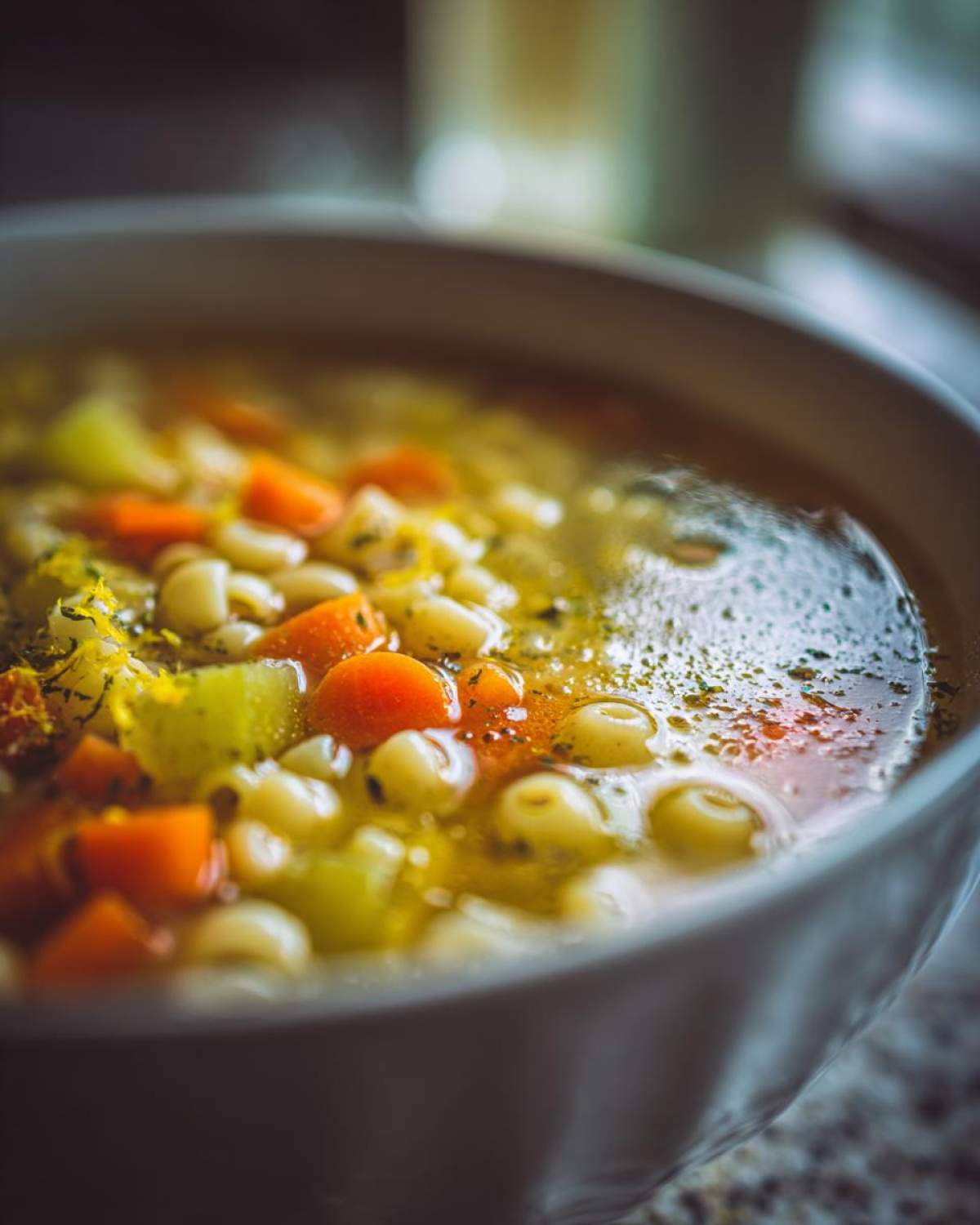 Close-up of a bowl of steaming Italian penicillin soup featuring small pasta, bright orange carrots, and celery in a rich broth.