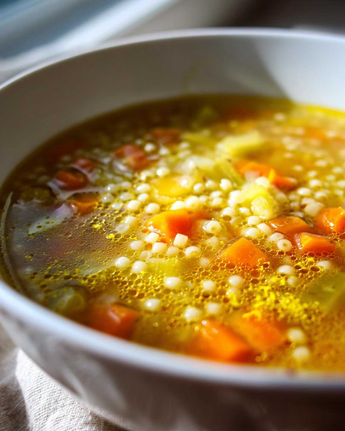Close-up of a bowl of steaming italian penicillin soup featuring small pasta shapes and bright orange diced carrots in a rich broth.