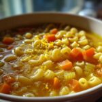 Close-up shot of a bowl of warm italian penicillin soup featuring elbow macaroni, diced carrots, and celery.