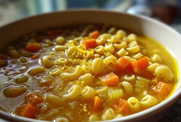 Close-up shot of a bowl of warm italian penicillin soup featuring elbow macaroni, diced carrots, and celery.