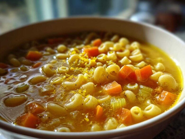 Close-up shot of a bowl of warm italian penicillin soup featuring elbow macaroni, diced carrots, and celery.