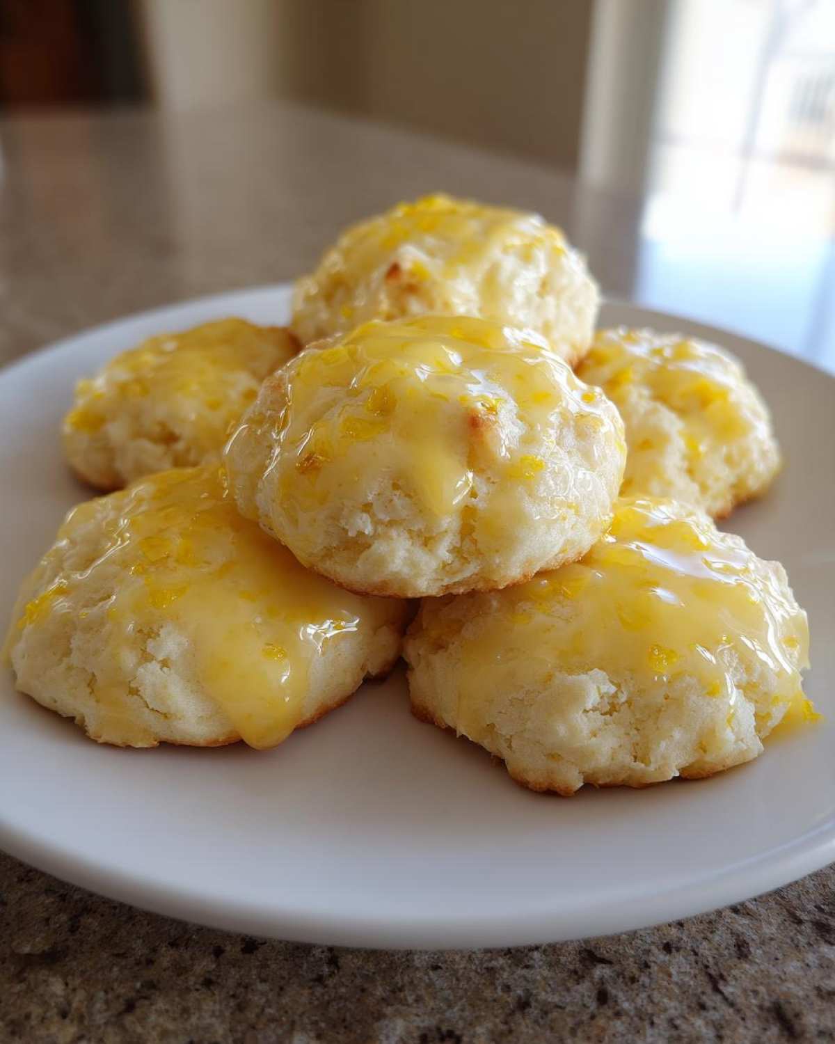 A stack of soft Italian ricotta cookies topped with a bright yellow lemon glaze.