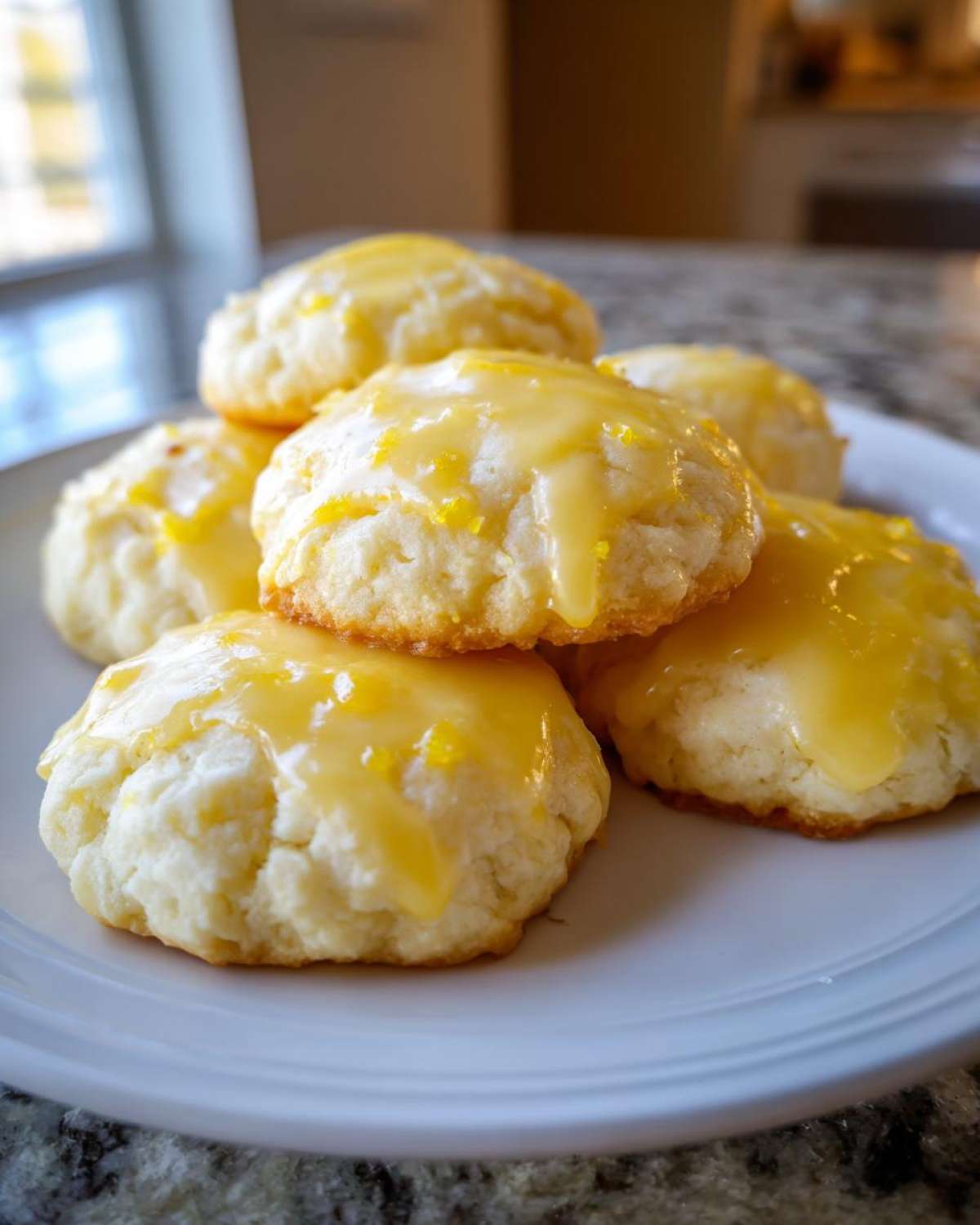 A stack of soft Italian ricotta cookies topped with a thick, dripping lemon glaze and zest.