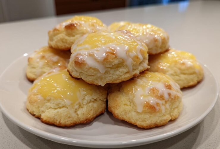 A stack of freshly baked Italian ricotta cookies topped with a bright yellow glaze and white icing drizzle.