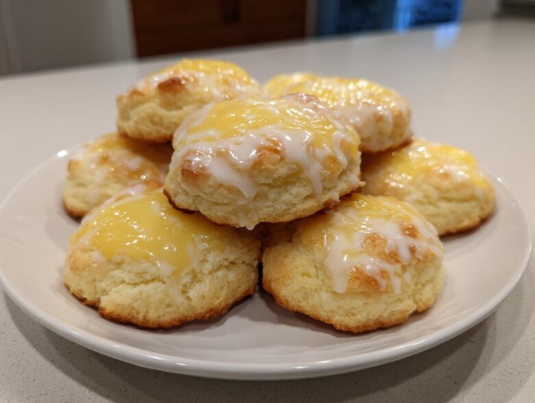 A stack of freshly baked Italian ricotta cookies topped with a bright yellow glaze and white icing drizzle.