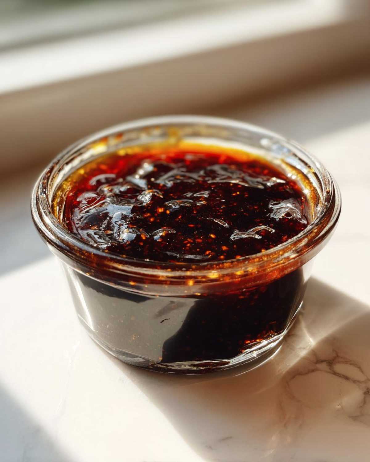 Close-up of thick, dark homemade teriyaki sauce with visible chili flakes in a small glass jar.