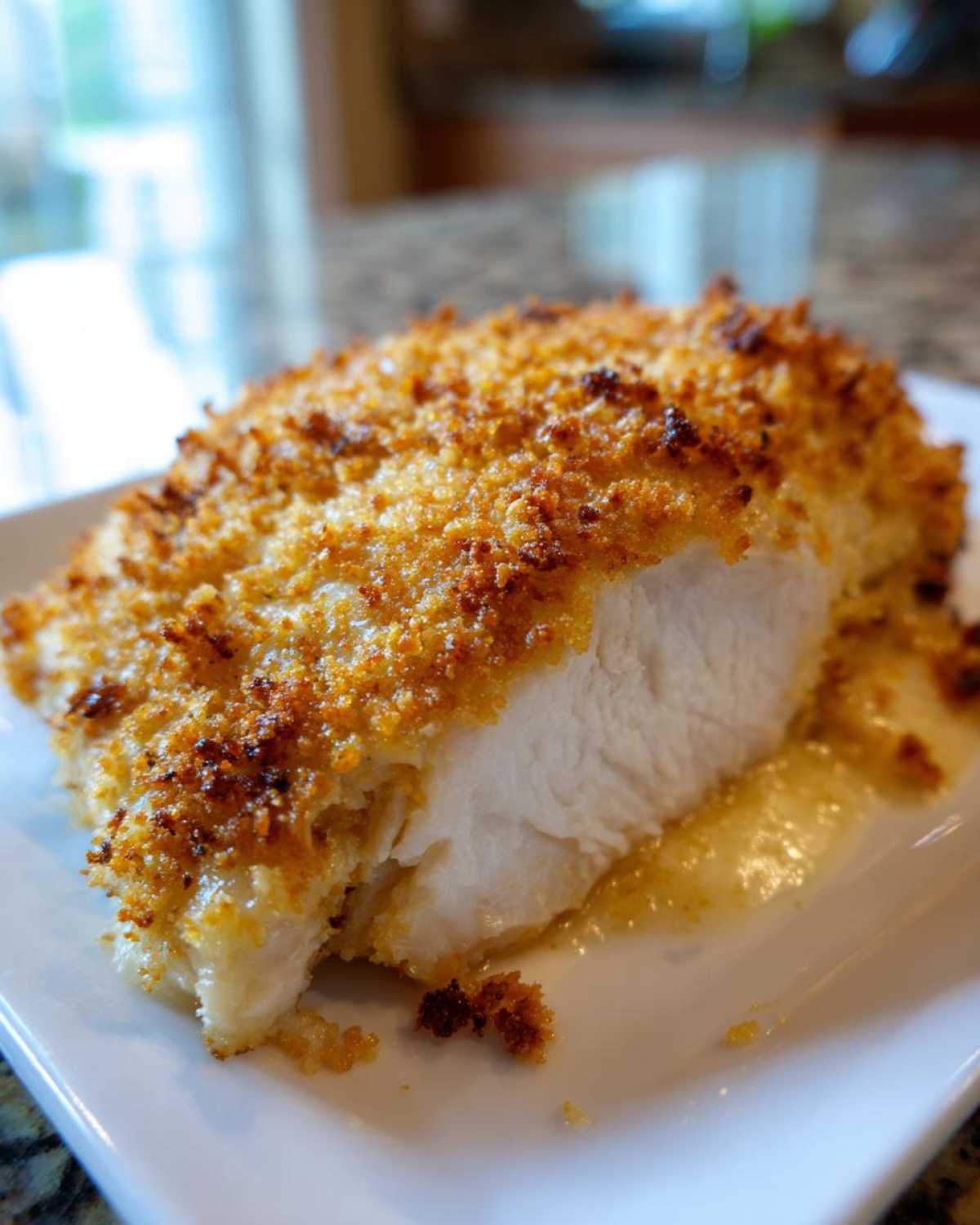 Close-up of a perfectly cooked, juicy caesar chicken breast with a golden, crispy breadcrumb crust, sliced open.