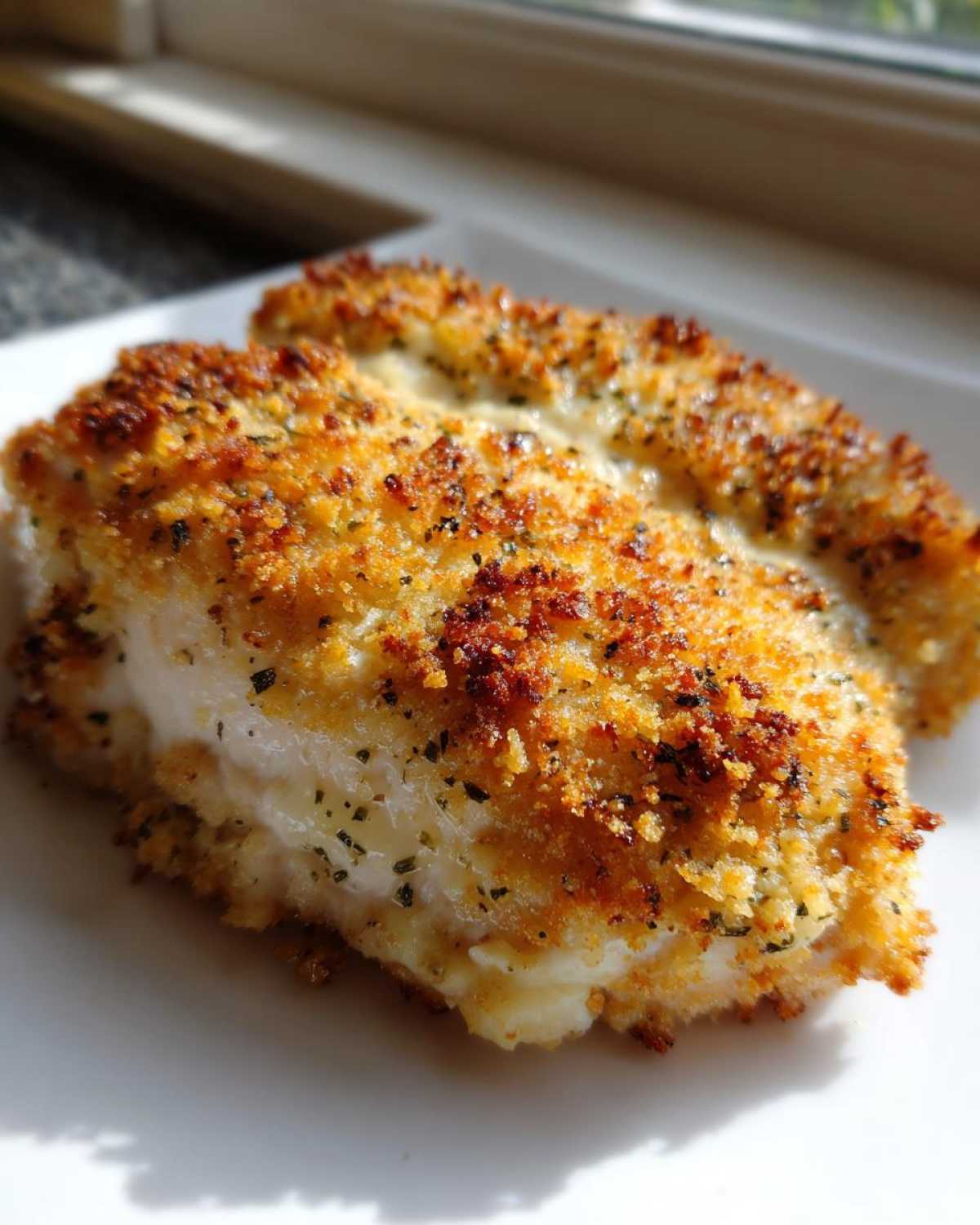 Close-up of two pieces of juicy caesar chicken with a golden, seasoned, crispy breadcrumb coating.