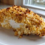Close-up of a juicy caesar chicken breast with a thick, golden, crispy breadcrumb coating served on a white plate.