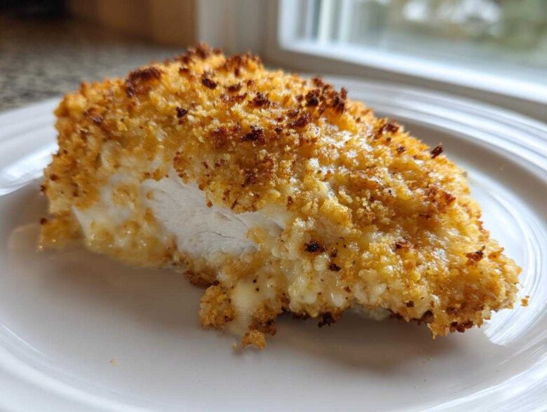 Close-up of a juicy caesar chicken breast with a thick, golden, crispy breadcrumb coating served on a white plate.