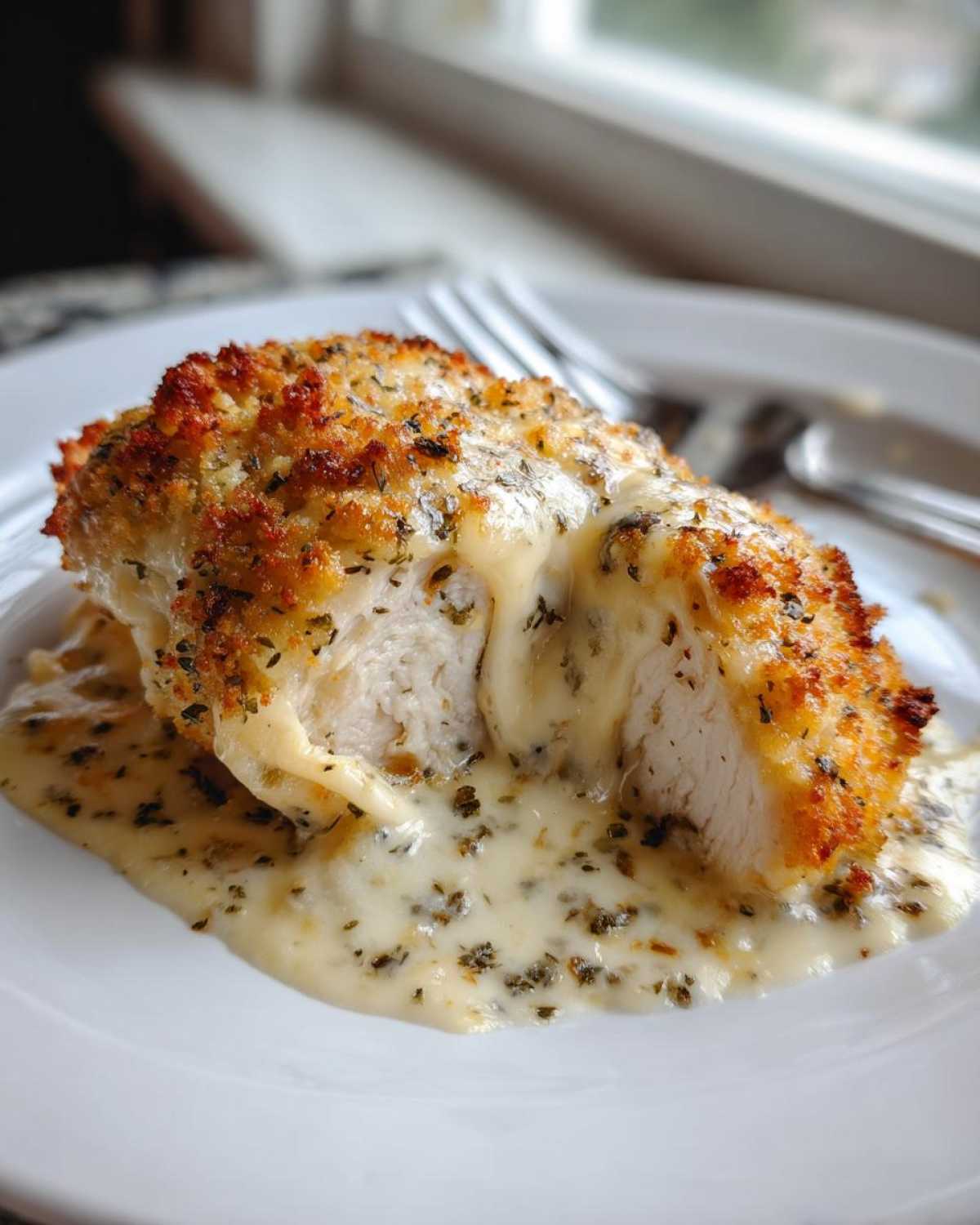 Cross-section of a juicy caesar chicken breast showing a crispy, herbed crust and creamy sauce.