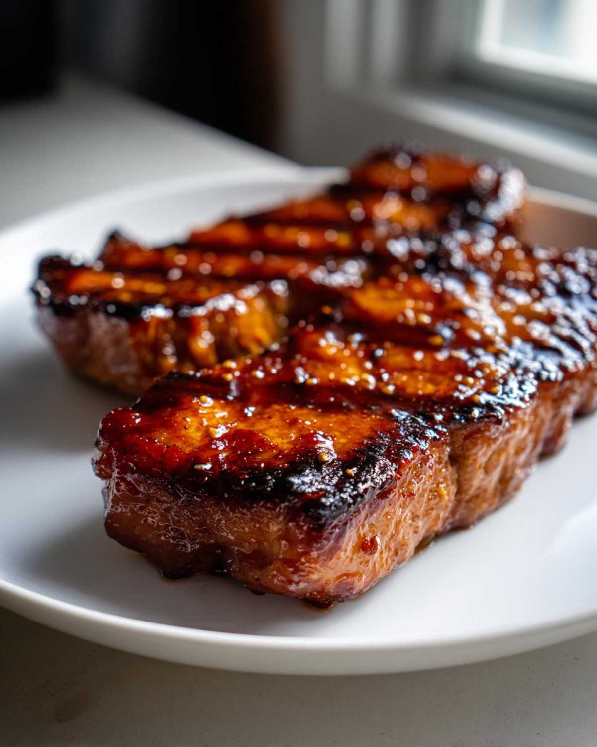 Close-up of a thick, juicy pork steak recipe piece covered in a dark, caramelized glaze.