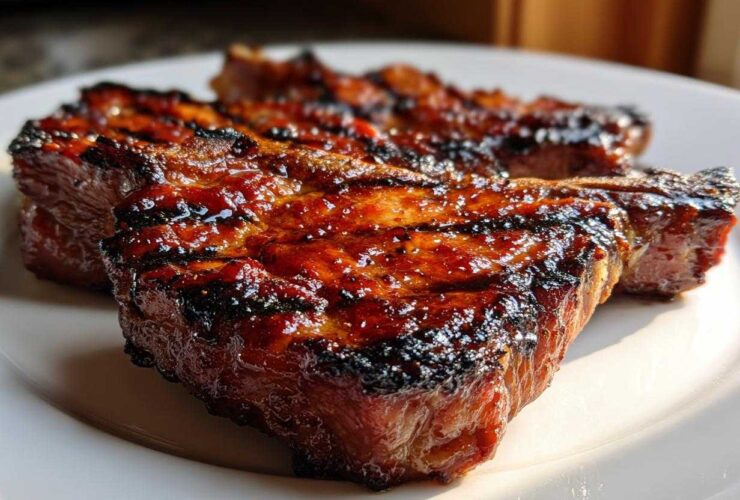Close-up of two perfectly grilled, glazed pork steak cuts with visible char marks on a white plate.