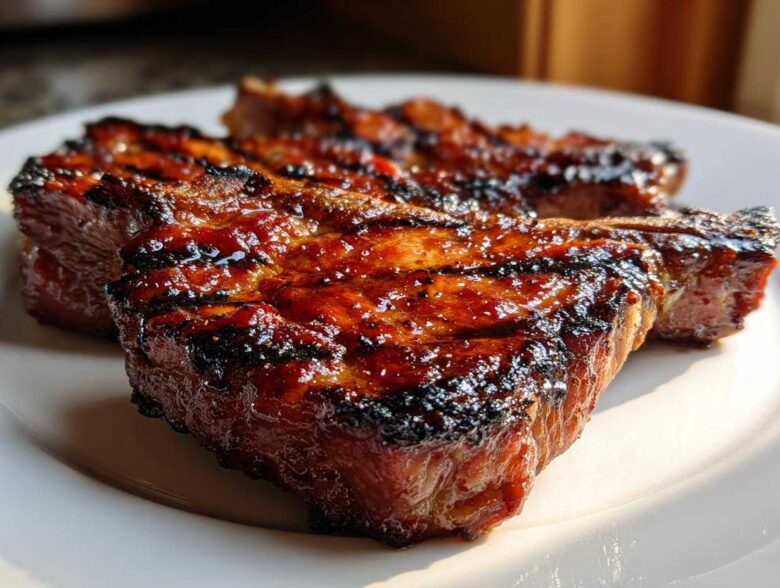 Close-up of two perfectly grilled, glazed pork steak cuts with visible char marks on a white plate.